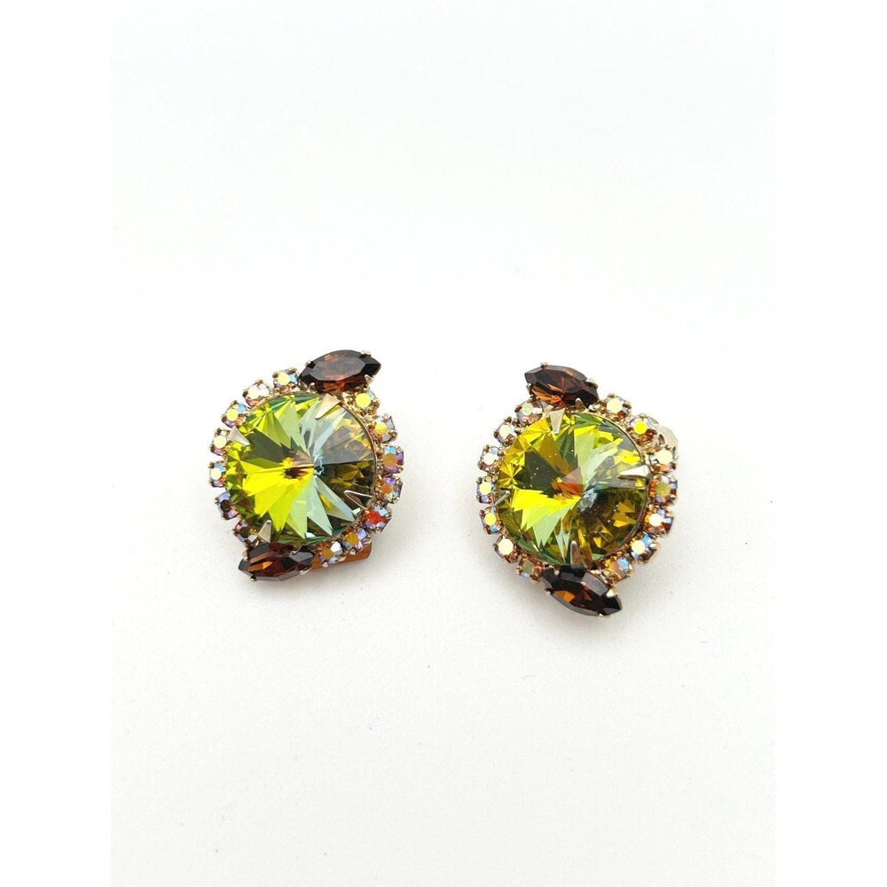 Vintage Chartreuse Rivoli Rhinestone Clip On Earrings Peach AB Topaz